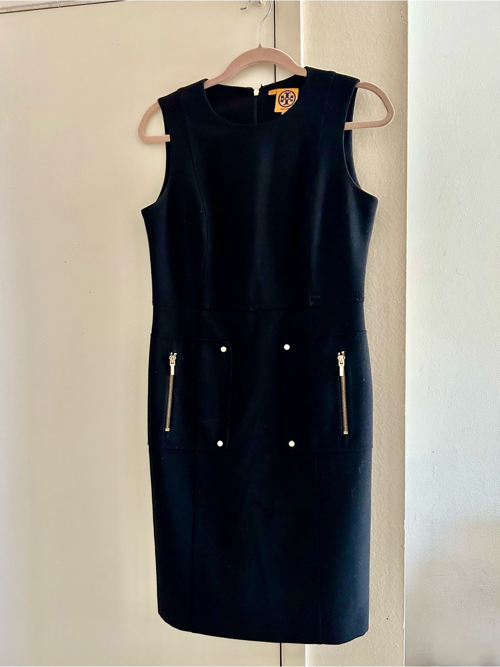Tory Burch Black Midi Sheath Dress with Gold Accents